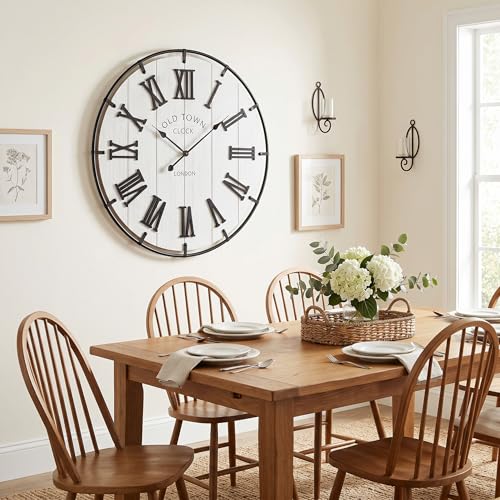 Image of EMAX HOME Large 30 Inch Farmhouse Wall Clock, Rustic Distressed Wooden Face with Black Metal Frame, Silent Non-Ticking Quartz Movement, for Living Room, Bedroom, Kitchen, and Home Office Decor