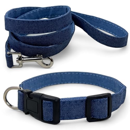 MIJOMA Set di guinzaglio per cani e collari per cani, guinzaglio da 1,20 m, collare regolabile, diversi design, robusto ed elegante (tessuto jeans blu)