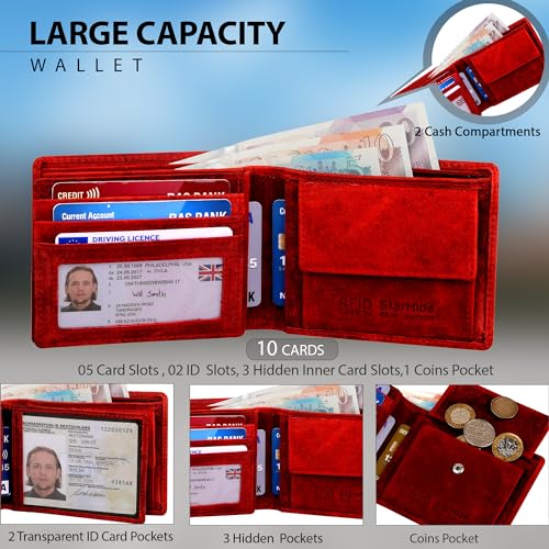 Men's RFID Blocking Real Distressed Hunter Leather Trifold Wallet Credit Card Holder Id And Coin Purse Billfold 1055 Red2