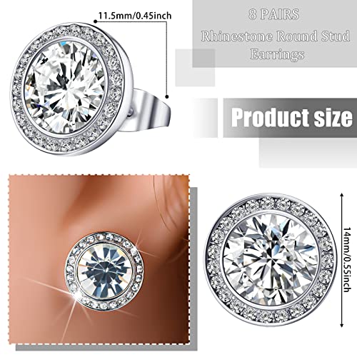 Bonuci 8 Pairs Rhinestone Competition Dance Earrings for Women Round Crystal Stud Earrings Diamond Jewelry for Dance Competitions Stage Performance Bridal Party2