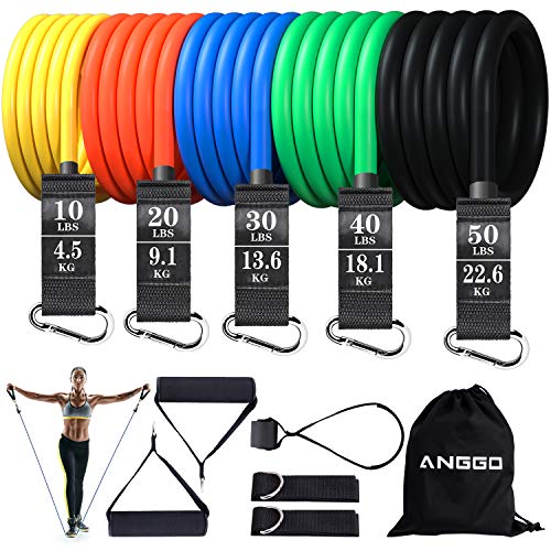 ANGGO Bandas Elásticas, Bandas Resistencia de Fitness 150LB Tubos de Ejercicio Látex, Manijas, Ancla de Puerta, Correas de Tobillo para Fitness, Pilates, Fisioterapia - Entrenar a Su Glúteos