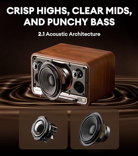 Edifier D32 Tabletop Wireless Speaker, Hi-Res Audio, LDAC, ALAC, 60W (RMS), 2.1 Acoustic Architecture, 11h Playtime, APP Control, Bluetooth 5.3, AirPlay2, USB-C and AUX Inputs, Brown - Image 4