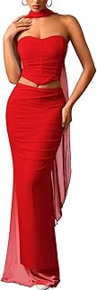 Mesh Floor-Length Skirt-Set, Corset Tube-Top with Scarf, Semi-Formal Wedding-Guest, Strapless Bodycon Ruched Long