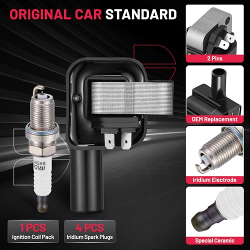 Image of BDFHYK 1 Ignition Coil Pack UF731 and 4 Iridium Spark Plug 7090 Compatible with Nissan 2001-2004 Frontier, 1996-1999 Sentra l4 1.6L 2.4L Coil for UF731 C903 5C1661 CMIT227