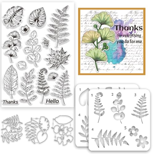 INFUNLY Leaves Stamp and Dies Ginkgo Painting Stencils A4 Size Tropical Plants Clear Stamps and Cutting Die Palm Leaves Hollow Painting Stencil Set for DIY Card Making Scrapbooking Craft Home Decor