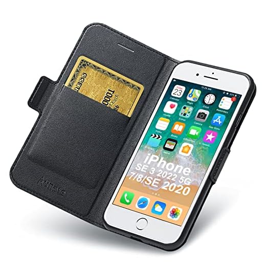 Aunote iPhone SE 2022 Case, iPhone SE 2020 Fodral, iPhone 8 Mobilskal, iPhone 7 Fall med Korthållare, Magnetisk Stängning, Ställ, Fullständigt Skydd Flip Phone Cover iPhone 7/8/SE2/SE3, Svart