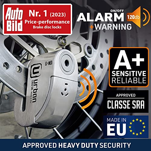 Urban Security Ur14S Motorcycle Disc Lock Alarm 120Db, Warning, High Security Classe Sra Approved, Ø14 Double Locking, Stainless Steel, Made In Eu #TOP1