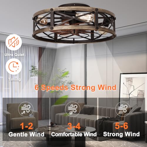 Farmhouse-Flush-Mount-Caged-Ceiling-Fans-with-Lights-6-Speeds-Rustic-Low-Profile-Ceiling-Fan-with-Light-and-Remote-Small-Bladeless-Ceiling-Fans-with-Lights-for-Kitchen-Bedroom