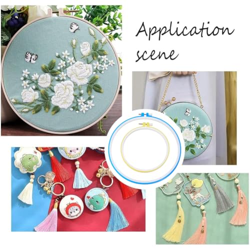 Image of GORGECRAFT 2 Sizes Spring Tension Embroidery Hoop Cross Stitch Tension Hoop Blue Yellow Round Plastic Frame Darning Shed Rings for Embroidery Cross Stitch Sewing DIY Projects (5.6in, 8.23 x 8.9in)