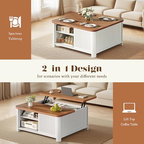 Image of Decofy Lift Top Coffee Table with Storage, Square Coffee Table with Large Hidden Storage & Adjustable Shelves, Farmhouse Center Table with Sliding Door for Living Room, Home Office, White