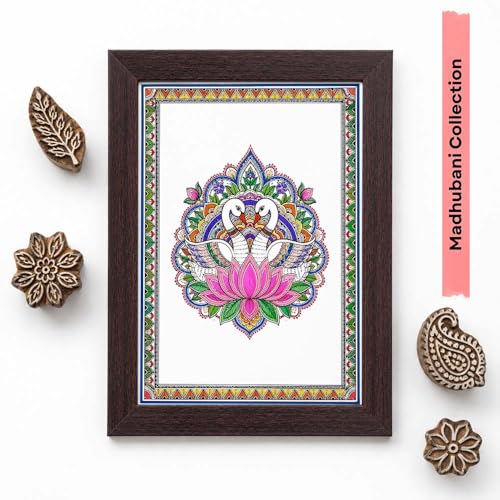 Image of PAPER PAJAMA Swan Vastu Wall Art for Living Room | Madhubani Hamsa Lotus Painting | Traditional Mithila Folk Art Framed Decor for Home, Office & Bedroom (10x13 Inches)
