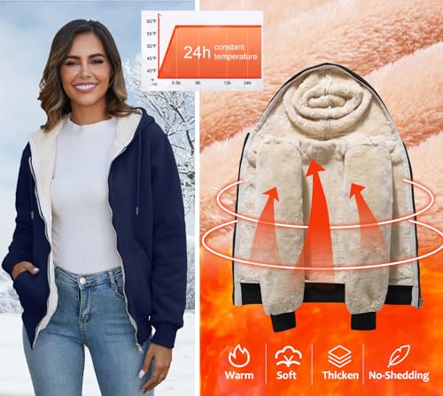 Image of Flygo Womens Casual Winter Warm Sherpa Lined Full Zip Up Hoodie Sweatshirt Jacket