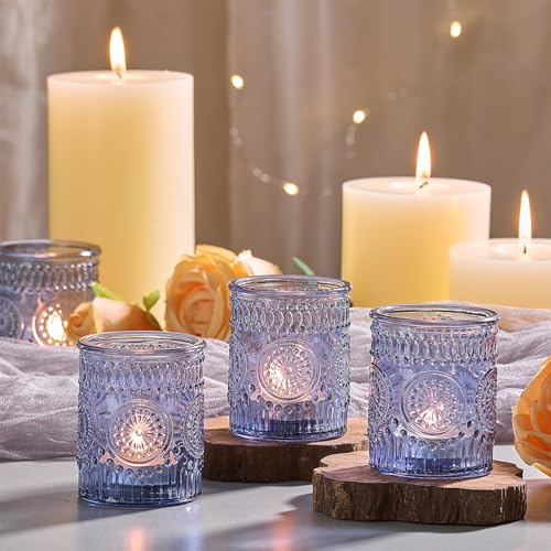 30 Pack Clear Glass Votive Candle Holders, Vintage Candle Holder Bulk, Tealight Candle Holders for Table Centerpieces, Home, Bridal Shower, Birthday, Christmas, Thanksgiving Party Table Decor (Blue)