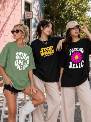Image of London Hills Oversized Tshirt for Woman | t Shirt for Woman Oversized Fit Printed Round Neck | Tops for Woman's | Women t Shirt Loose Fit Drop Shoulder | t Shirts for Women | Western Tops
