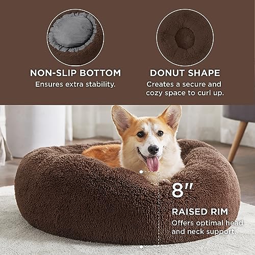 Image of Bedsure Calming Dog Bed Medium Size Dog Donut Washable Pet Bed,30ins Coffee | Fluffy Faux Fur Round Cuddler,Machine Washable,Anti-Slip Bottom,Anti-Anxiety,Deep Sleeping for Pets Up to 45 Lbs