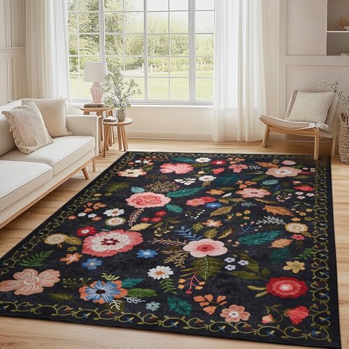 Waschbarer Wohnzimmerteppich, Vintage Blumenmuster Niedriger Flor Teppich, Rutschfest, Weiche, Groß Teppiche für Wohnzimmer Schlafzimmer Bauernhaus Esszimmer und Kinderzimer, 140x200cm, Schwarz