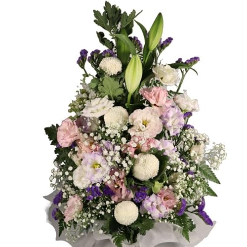 お供えのお花 冷蔵便 フラワーアレンジメント 生花 ゆり付き 仏壇 お供え お悔み 法要 四十九日 (白&ピンク, 高さ50cm前後)