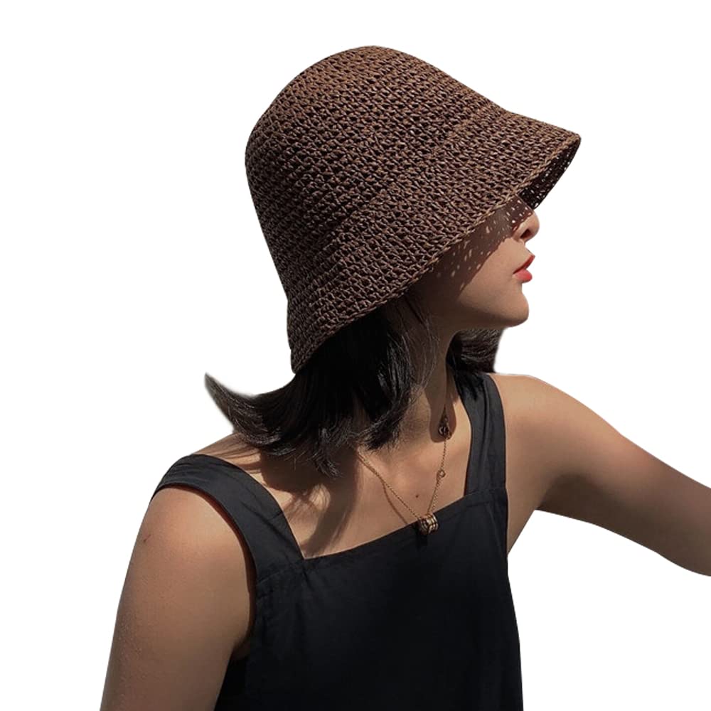 Women Sun Hat Hand-Woven Packable Beach Bucket Hat Summer Floppy UV Protection Hats, Coffee, Coffee, M