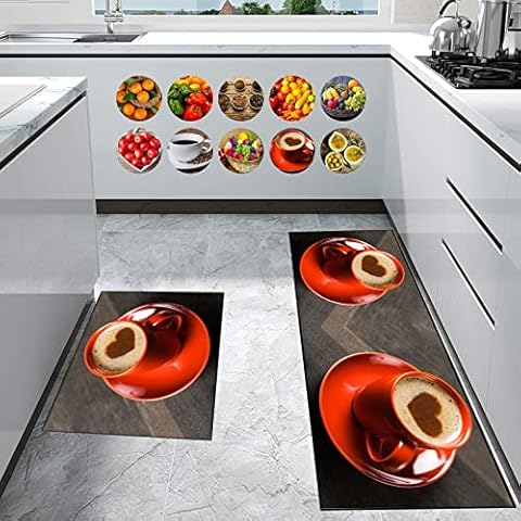 renoazul® Fruit Mat - Non Slip Beautiful Fruit Designs for Kitchen Mat Small Large Rectangle Floor Mat Runner Carpet Hallway Runner (Hot Coffee, (50 x 70) + (50 x 150) Rug Set) Cover
