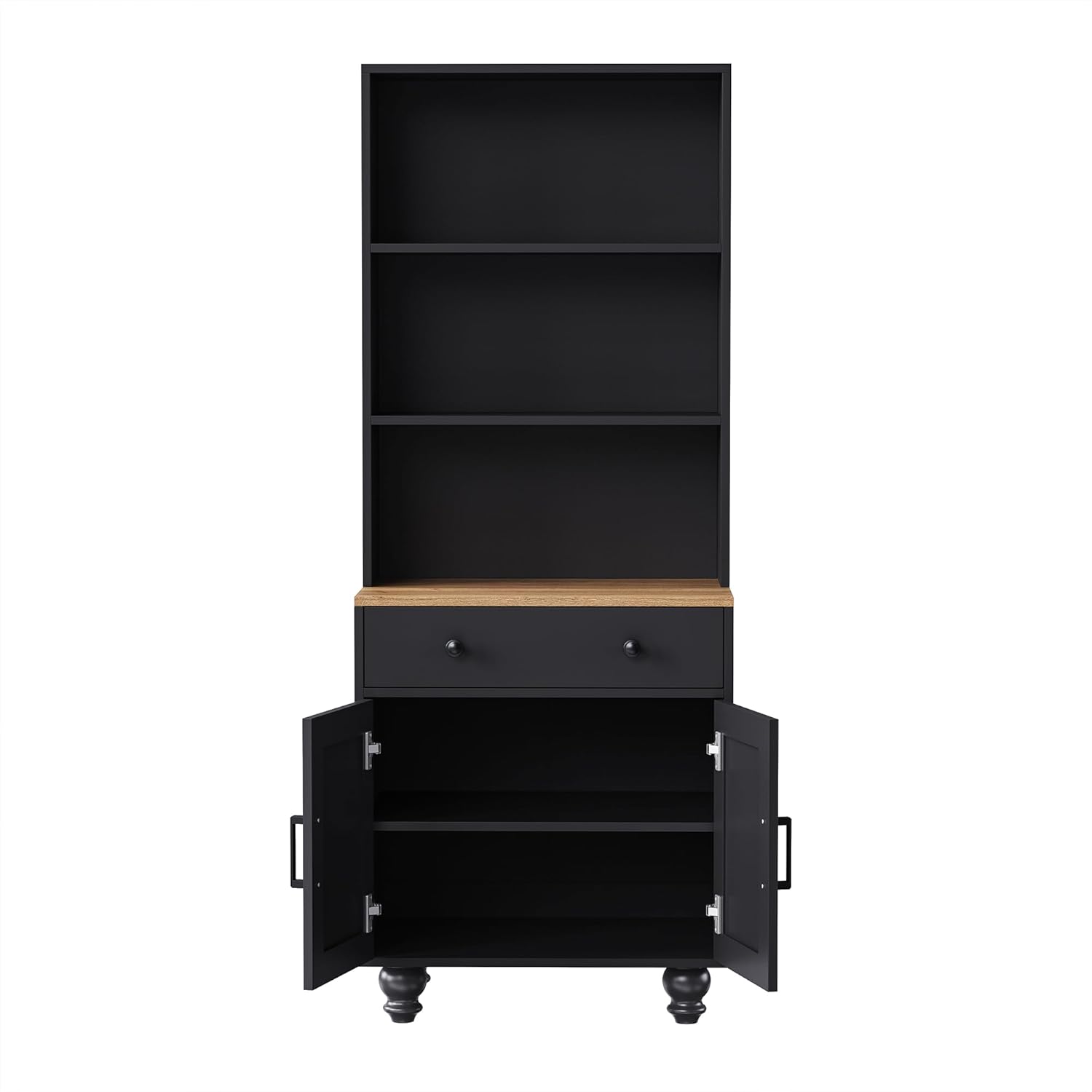 Farmhouse Storage Cabinet with Adjustable Shelves, Tall Kitchen Pantry Cabinet with Drawer, 5 Tier Bookshelf on Solid Wood Legs for Living Room or Dining Room (Black)