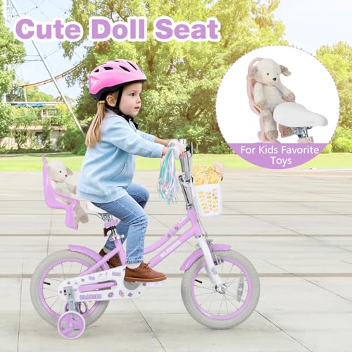 Image of Olakids Kids Bike, 12 14 16 18 20 Inch Girls Bicycle with Doll Seat Basket Adjustable Seat and Handlebar, Handbrake and Coaster Brake