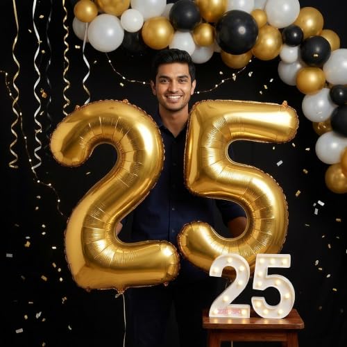 Image of Balloonistics Gold 40-Inch Foil Number 25 Balloon with Matching LED Marquee Light - Combo Set for 25th Birthday, Anniversary, Party Decoration, Photo Booth Backdrop
