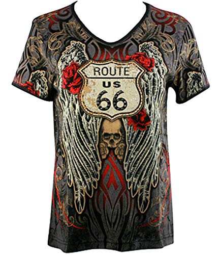 Rt 66 Wings, Short Sleeve, V-Neck, Rhinestone Cotton Top