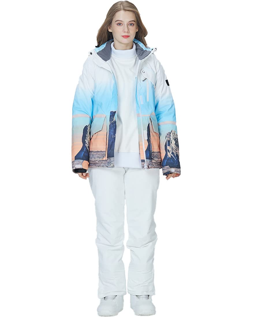 JELEUON Women Waterproof and Windproof Sweety Print Ski Jacket Snowboard Coat with Ski Bib Pants Snowsuits for Outdoor Sports XL