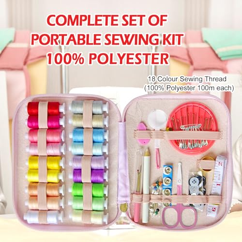 Image of Sewing Kit with Case Portable Sewing Supplies for Home Traveler, Adults, Beginner, Emergency, Contains 18 Sewing Thread, Scissors, Needles, Measure etc (Pink)
