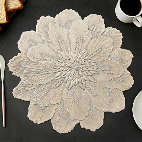 Image of Yellow Weaves 1 Pc PVC Round Table Placemat, Dining Table Mat, Stain Resistant, Anti-Skid, Waterproof, Washable, Dining, Kitchen, Restaurant Table Set Easy to Clean, Durable (Bloom Golden)
