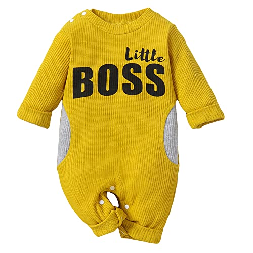 Image of Hopscotch Boys Cotton And Polyester And Spandex Text Print Full-Sleeve Bodysuit in Yellow Color