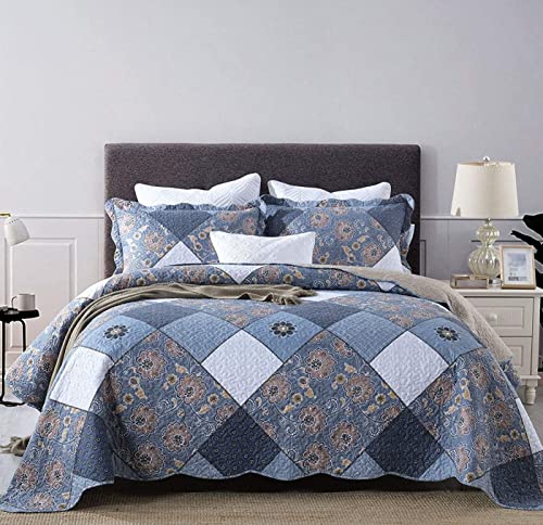 ENCOFT 3pcs Set Matelassé Dessus de Lit Double 230x250cm + 2 Taies d'Oreillers 50x70cm, Patchwork Couvre Lit en Polyester Imprimé Fleurs, Dessus de Lit 2 Personnes, Bleu