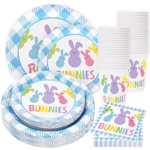 Whaline 100Pcs Easter Tableware Set Colorful Easter Bunny Disposable Dinnerware Set 50Pcs Paper Plates 25Pcs Napkin 25Pcs Cups for Holiday Party Supplies Table Decorations