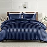 Whale Flotilla 3-Piece Reversible Silky Soft Queen Comforter Set, Luxury Stripe Satin Comforters Full Size Bedding Set with 2 Satin Pillowcases, Lightweight Duvet for All Seasons, Navy