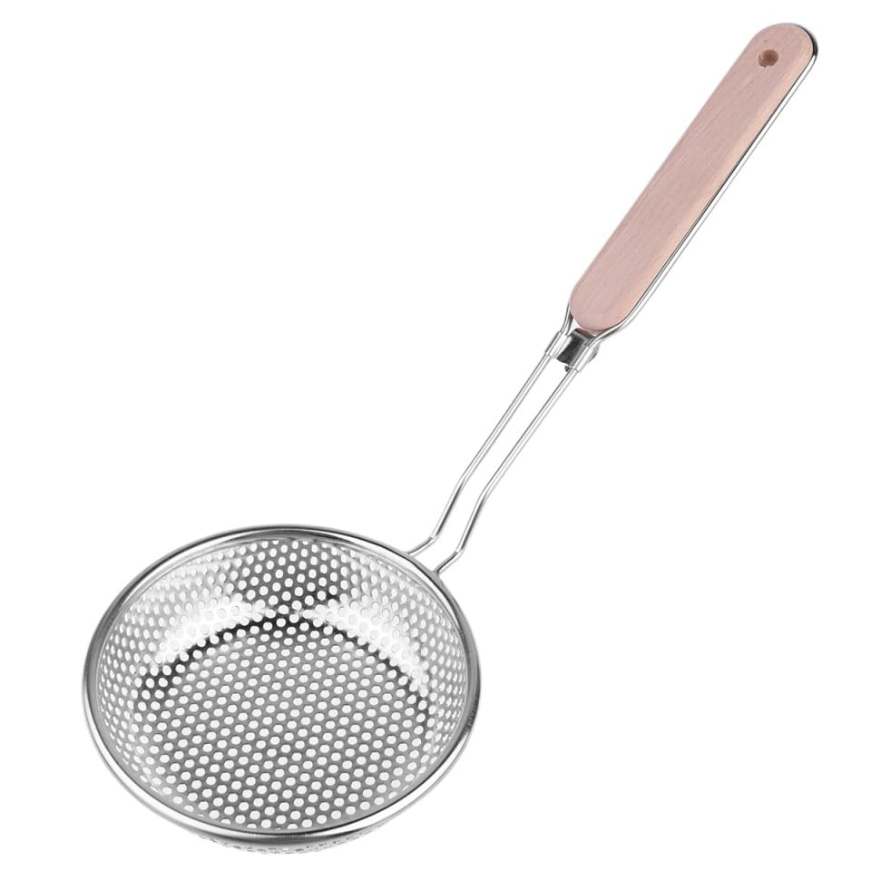 – Luxshiny Oil Control Stainless Steel Strainer with Long Wooden Handle for Cooking Perfect for Straining Hot Oil Boiling Water and Scooping Rice