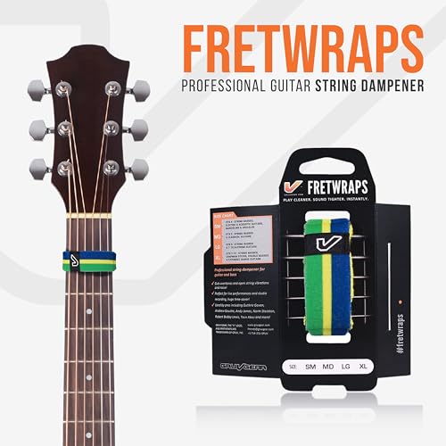 Image of Gruv Gear Fret Wrap & Guitar Mute, Fretwrap for Acoustic, Electric & Bass | String Dampener Recording, Tapping & Practice Accessory (1 Pack, Large Green /Yellow /Blue, Fits 6 String Bass, 8 String