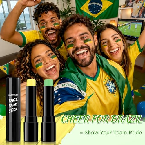 Image of BADCOLOR Brazil Yellow Green Face Body Paint Stick Set, Oil Based Sports Fan Makeup Stick, Waterproof Sweatproof Cream Face Paint for Football, Rugby, Softball, Baseball, Lacrosse, Sports Accessories