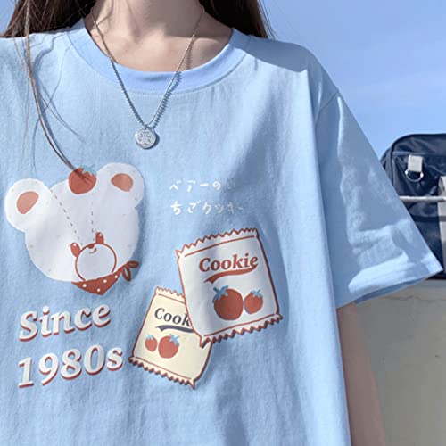 Image of Japanese Harajuku Style Kawaii Pastel Goth Fashion Crewneck Cartoon Little Bear with Cookies Print T-Shirt XL Blue