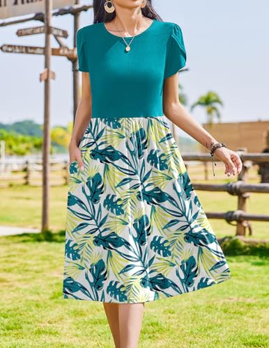 Image of Zeagoo Flowy Sundress with Pockets Summer Loose Shift Dress Crewneck Short Sleeve Midi Dress Alin Swing Dress Casual Floral Print Dress Tropical Dress 2025,XL