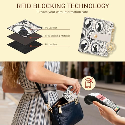 Image of Jogjam Vintage Black Cats Rfid Ladies Wallet, Small Slim Thin Compact Credit Card Women Wallet, Art Aesthetics PU Leather Bifold Cash Zipper Coin Pocket for Female
