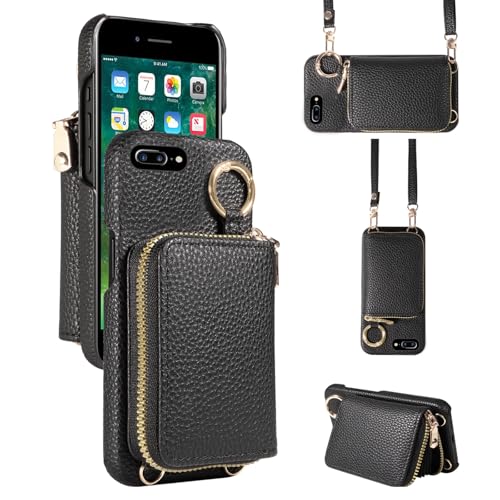 Étui portefeuille iPhone 8 7 6 Plus avec bandoulière et fermeture éclair coloris noir