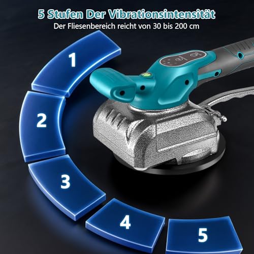 Fliesenrüttler, Akku Fliesen Vibrationsgerät Fliesenvibrator mit 5 Gänge Einstellbare Geschwindigkeit für Bodenfliesen Wand (2 Batterien & Ladegerät)