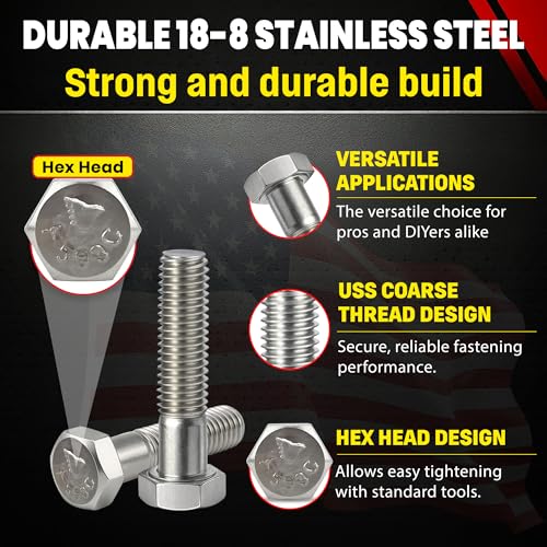 Image of Chenango Supply 3 /8-16 x 1-1 /2 inch Stainless Steel Hex Head Bolts - 304 Stainless, USS Coarse Thread, 100,000-125,000 PSI Tensile Strength, Corrosion-Resistant Hardware Bolts, (25 Pieces, 3 /8-16 x 1.5)