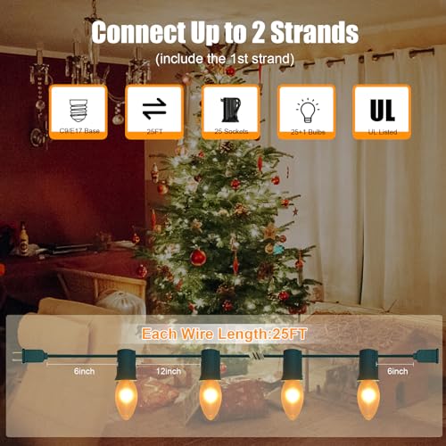 Image of 25Ft Frosted White Christmas Lights C9 Vintage Christmas String Lights with 26 Frosted White Bulbs(1 Spare) Hanging Outdoor String Lights for Patio Holidays Christmas Prom Party Wedding- Green Wire