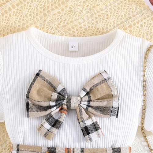 Girls Dress Set 2 Piece Ribbed Knit Crop Top and Plaid Pleated Skirt Preppy Dress Tartan A Line Skirt School Uniform Outfits4