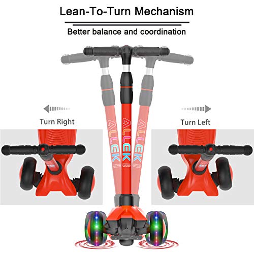 Image of Allek Kick Scooter B03, Lean 'N Glide 3-Wheeled Push Scooter with Extra Wide PU Light-Up Wheels, Any Height Adjustable Handlebar and Strong Thick Deck for Children from 3-12yrs (Red)