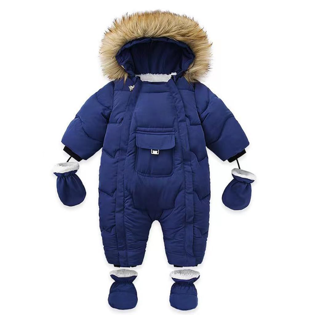 Bambino Inverno Tuta da Neve con Cappuccio Giacca Piedi Pagliaccetto con Guanti Neonato Tuta con Pelliccia Staccabile Blu 12-18 mesi