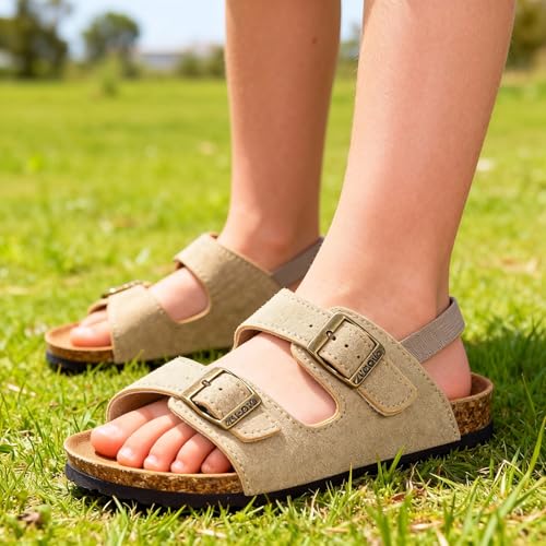 Image of ZUSERIS Kids Toddler Sandals Boys Girls Summer Slides | Soft Cork Footbed, Non-slip,Adjustable Straps,Comfort Suede Leather,Lightweight