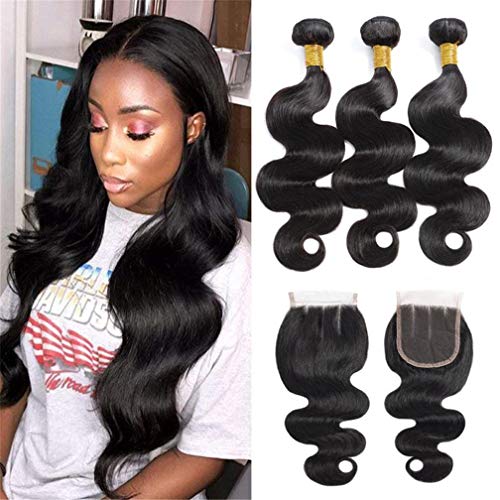 Selina Brazilian Body Wave Hair 3 Bundles With Three Part Closure (10" 12“ 14” with 10" Closure, Three part) Brazilian Virgin Human Hair 8A 100% Unprocessed Brazilian Hair Lace Closure Natural Black