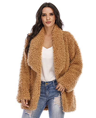 Women\'s Fuzzy Fleece Jacket Lapel Open Front Long Jackets Faux Fur Warm Winter Cardigan Coat Outerwear with Pockets (Camel,Medium)